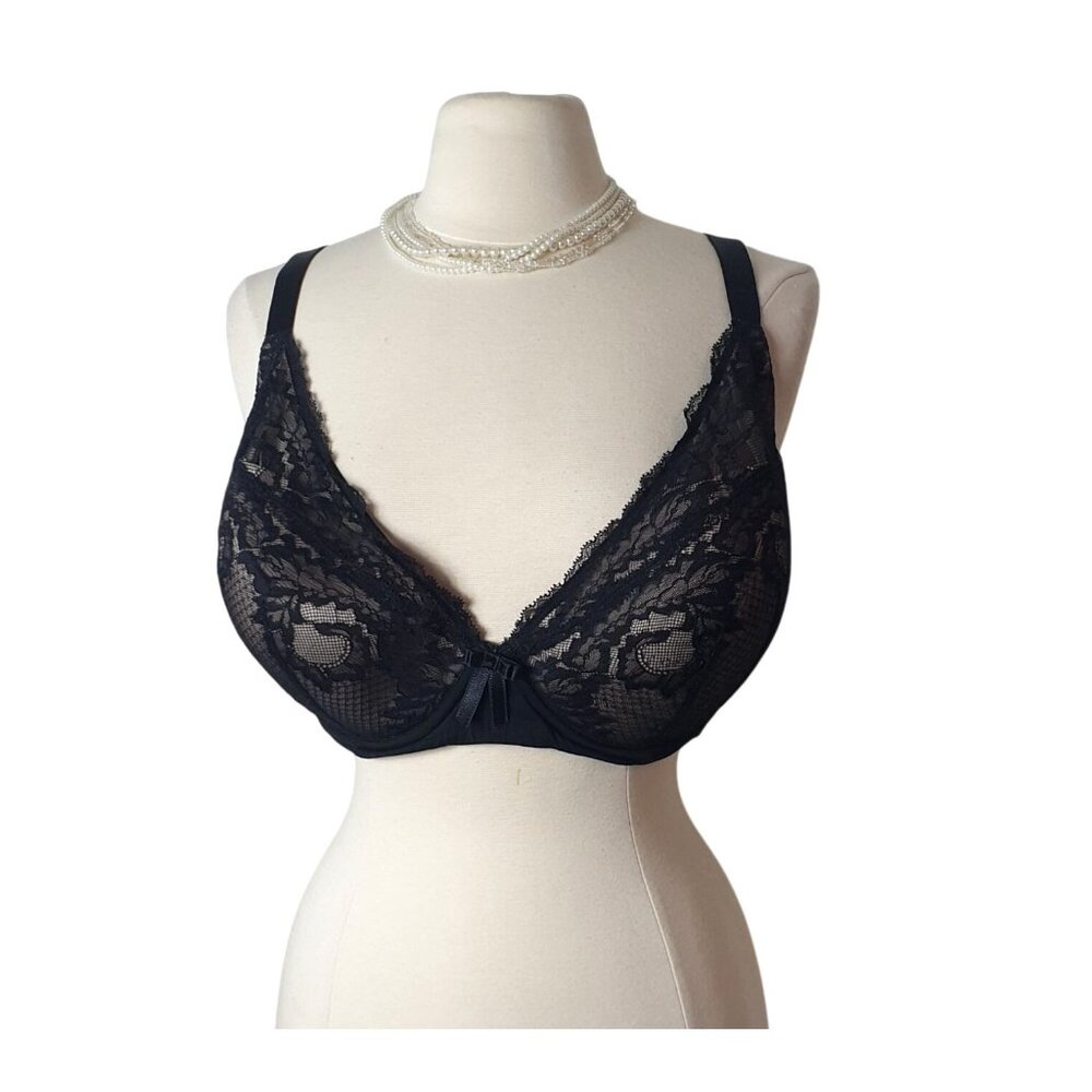 City Chic Women's 44DD Bra Black Lace Plunge Lightly Lined Underwire Everyday